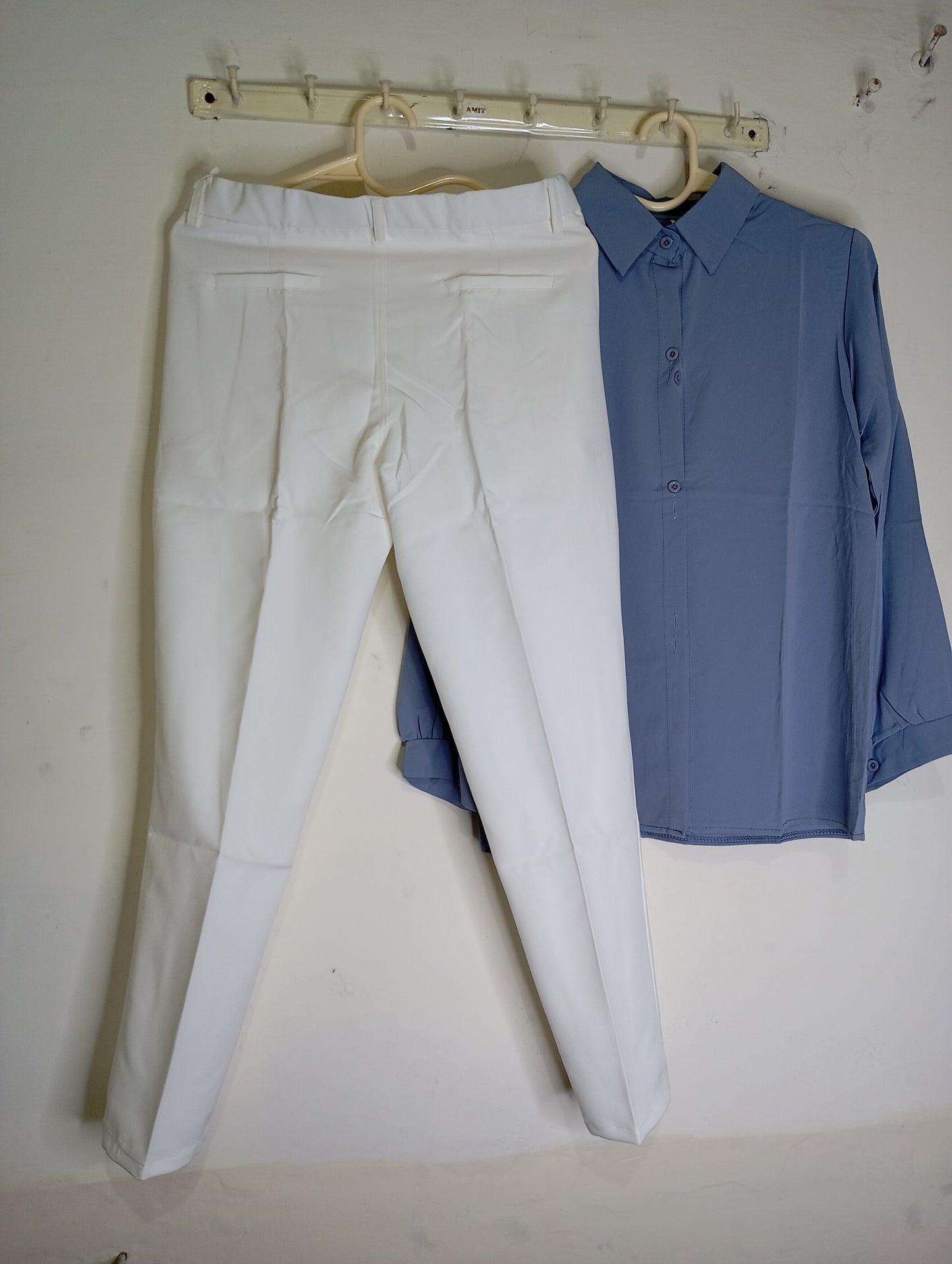 WHITE PANT WITH BLUE SHIRT
