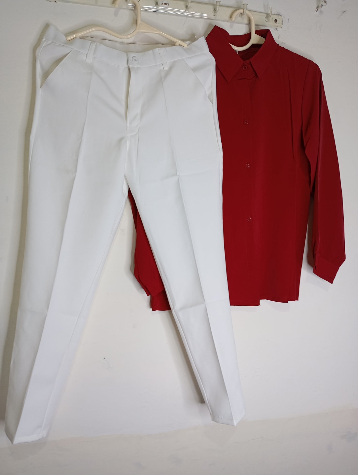 WHITE PANT WITH CHERRY RED SHIRT
