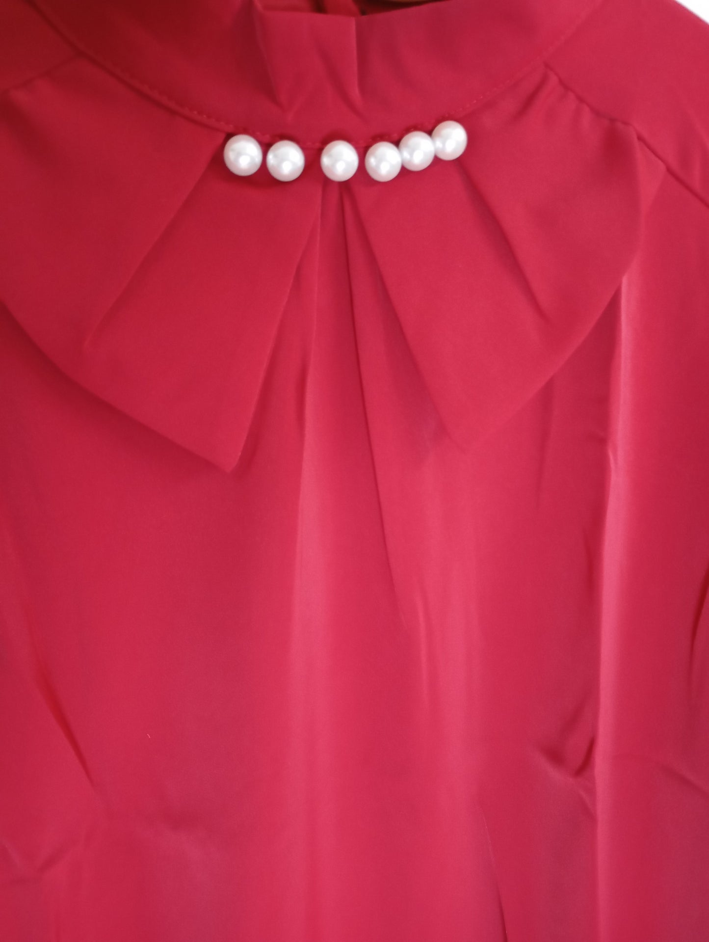 cherry red Blouse with Pearl Embellishments