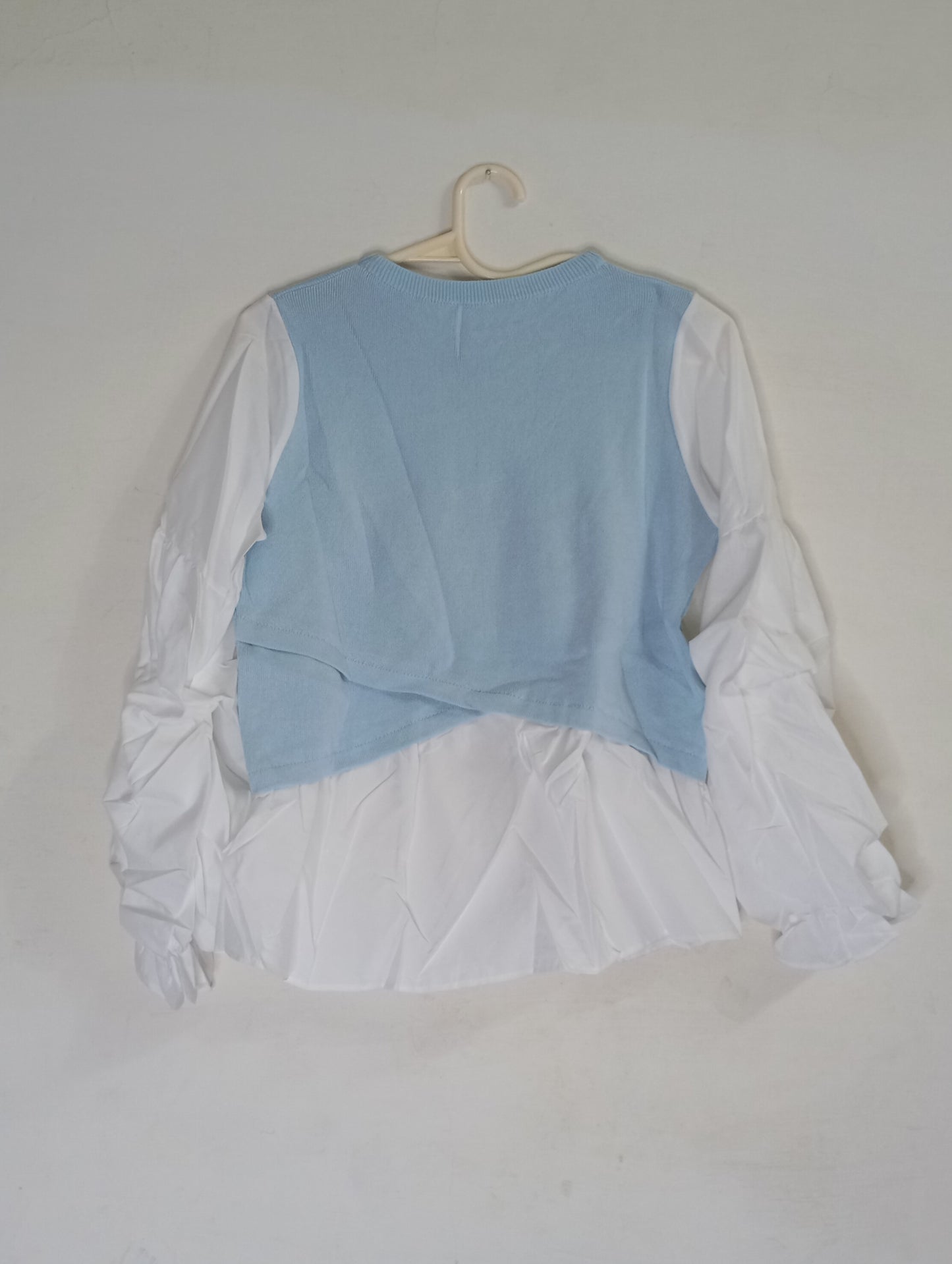 White Shirt with Blue Knit Vest Overlay