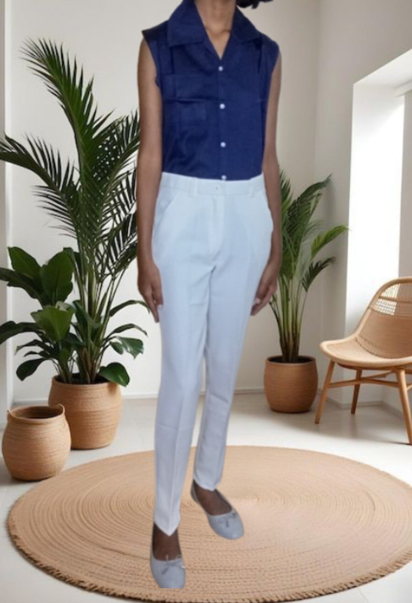 WHITE PANT WITH BLUE SLEEVELESS SHIRT