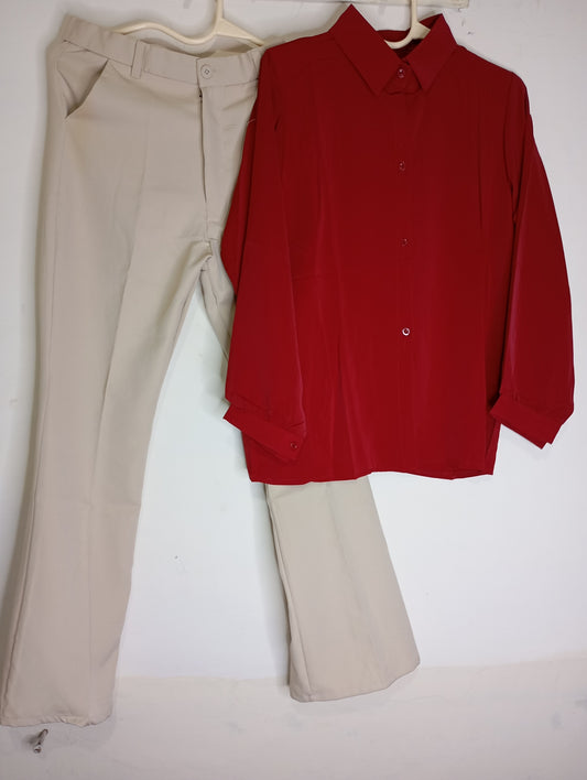BIEGE PANT AND CHERRY RED SHIRT