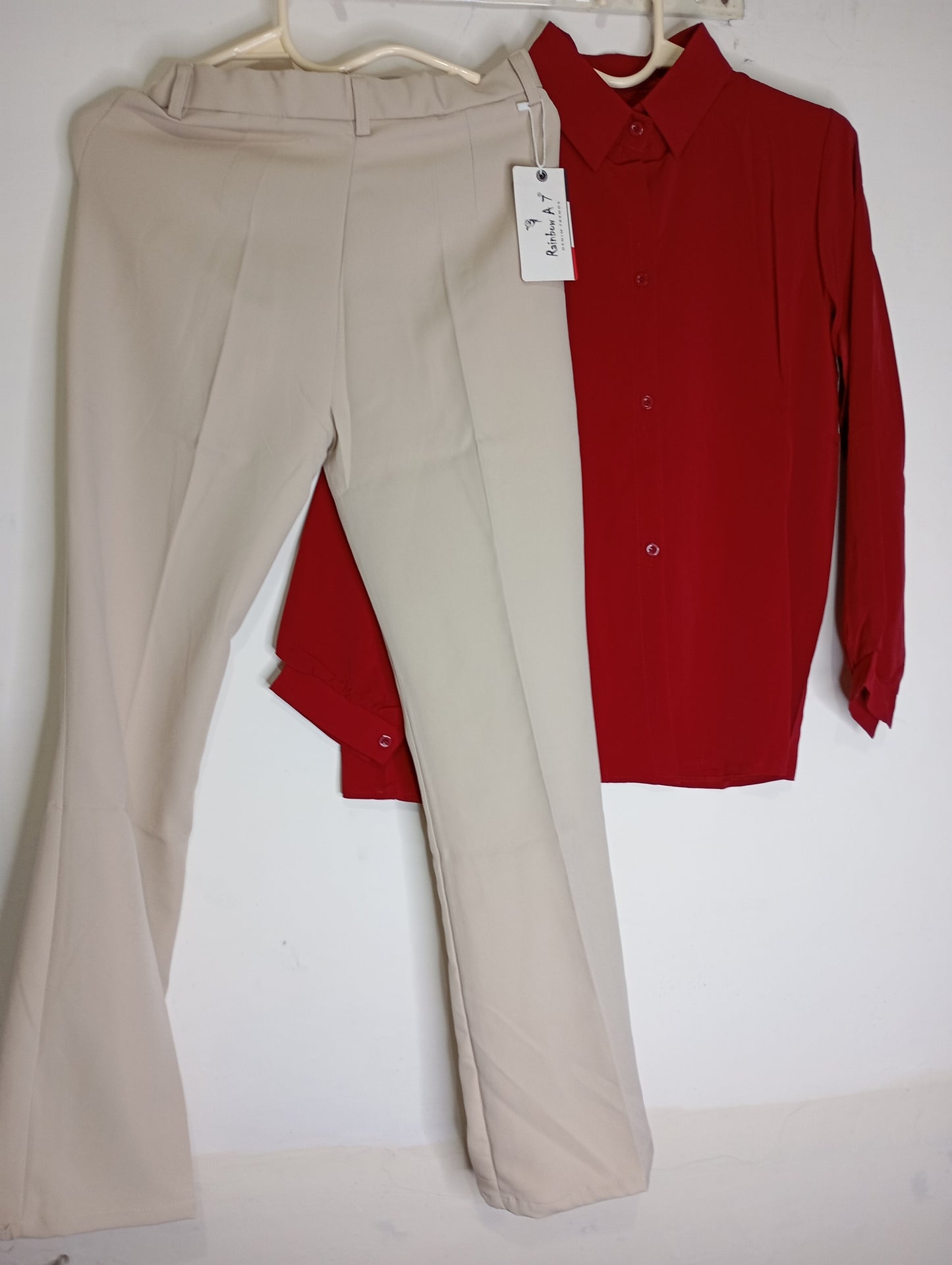 BIEGE PANT AND CHERRY RED SHIRT