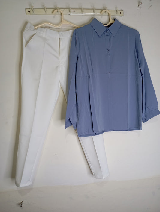 WHITE PANT WITH BLUE SHIRT