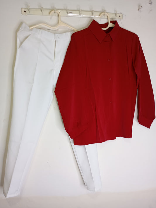 WHITE PANT WITH CHERRY RED SHIRT