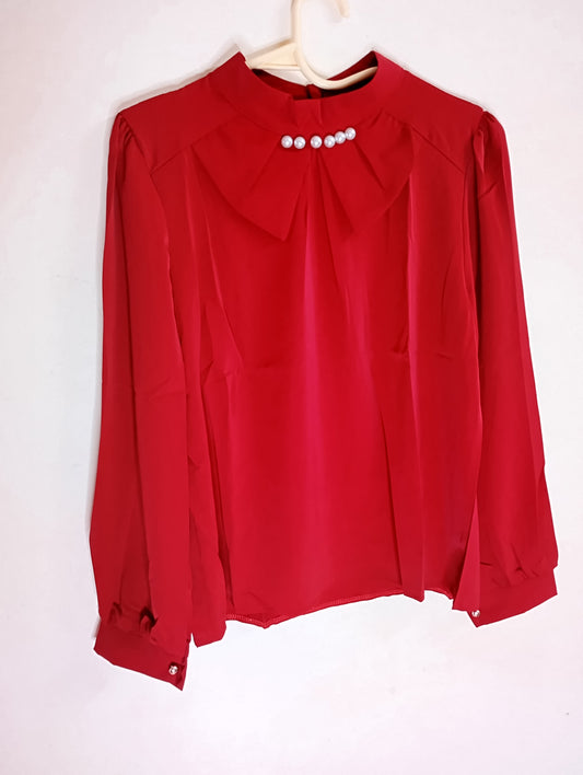 cherry red  Blouse with Pearl Embellishments