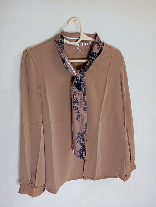 BROWN TOP WITH PRINTED SCARF NECK