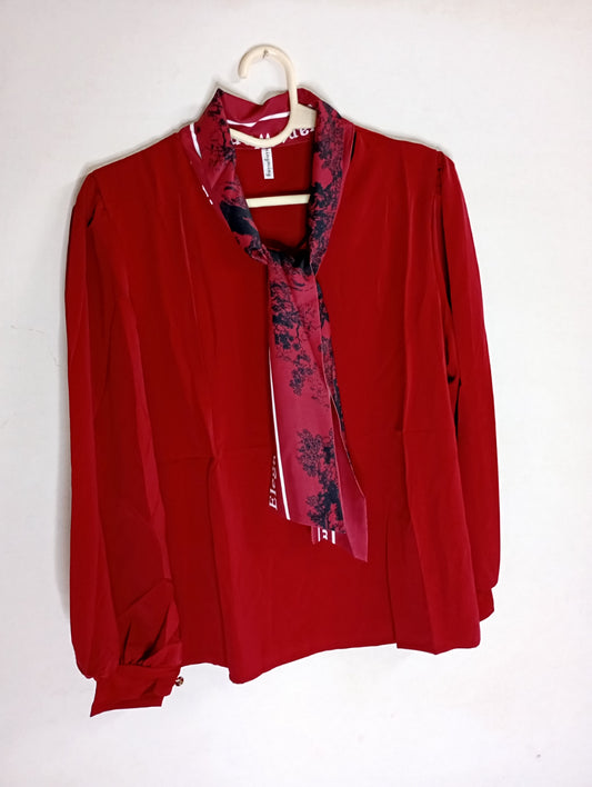CHERRY RED TOP WITH PRINTED SCARF NECK