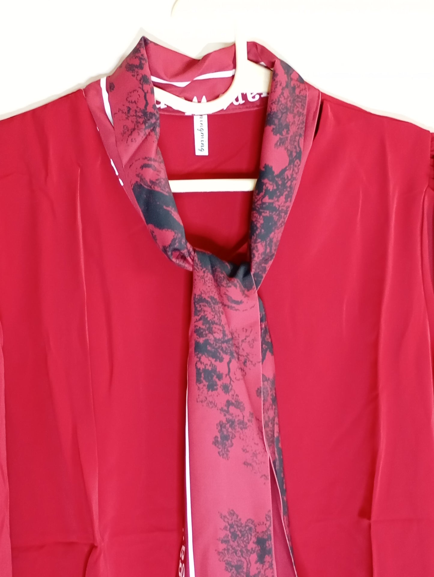 CHERRY RED TOP WITH PRINTED SCARF NECK