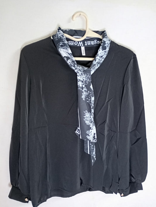 Black top with Printed Scarf Neck