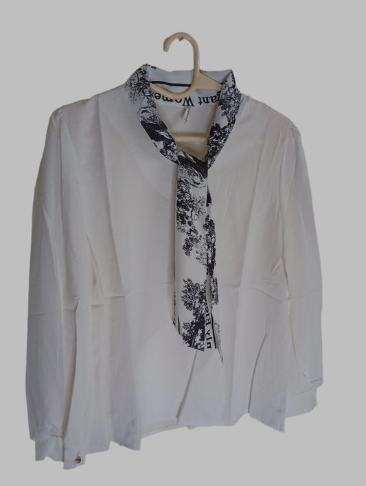 WHITE TOP WITH PRINTED SCARF NECK