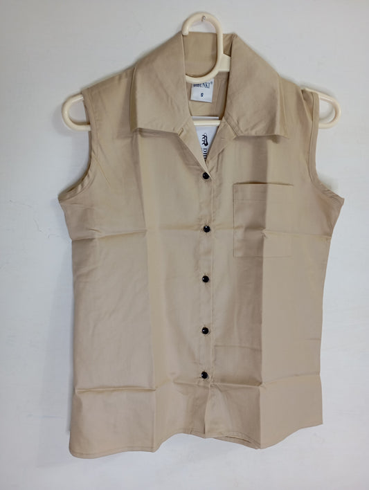 Beige Sleeveless Button-Down Shirt