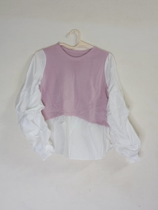 White Shirt with Pink  Knit Vest Overlay
