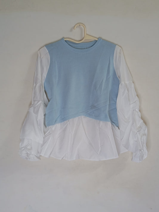 White Shirt with Blue Knit Vest Overlay