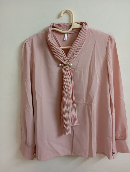 PINK TOP WITH CRIMP RIBBON NECK